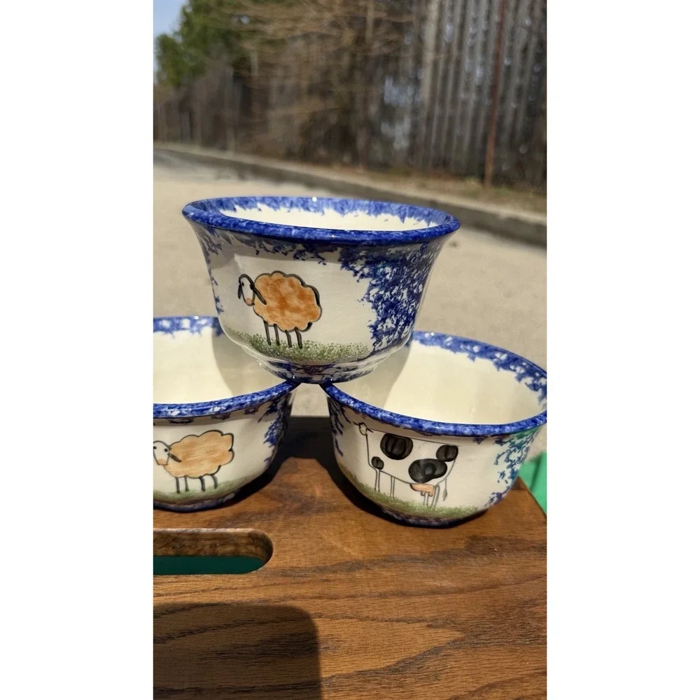 Set of 4 Blue Spongeware Farm Animal Bowls Rustic Pottery Cups‎